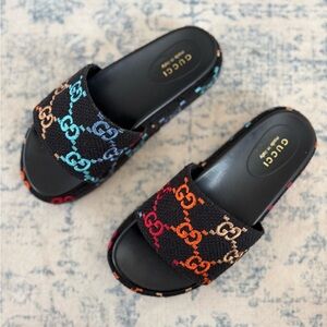 Gucci multi color monogram GG black platform sandals